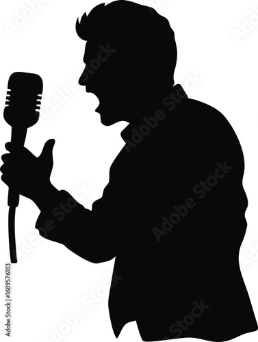 Dynamic silhouette of a singer performing with a vintage microphone capturing a moment of passionate expression silhouette