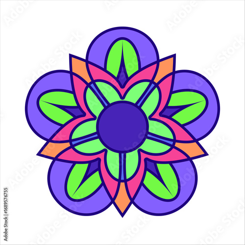 A collection of symmetrical and stylized floral designs. The geometric patterns feature five-petaled flowers with layered shapes and a vibrant color palette