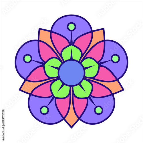 A collection of symmetrical and stylized floral designs. The geometric patterns feature five-petaled flowers with layered shapes and a vibrant color palette, including shades of purple, blue, pink, an