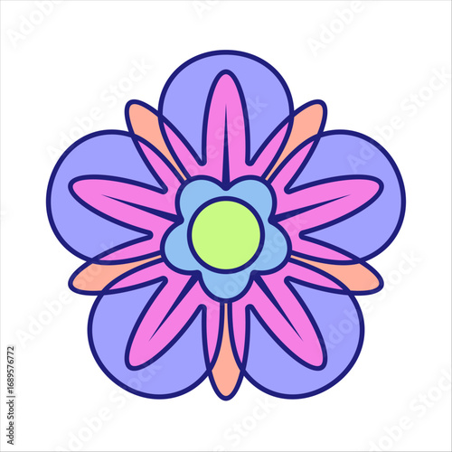 A stylized and symmetrical floral design featuring a five-petal flower. The geometric pattern is created with a palette of purples, pink, peach, and a bright green center.