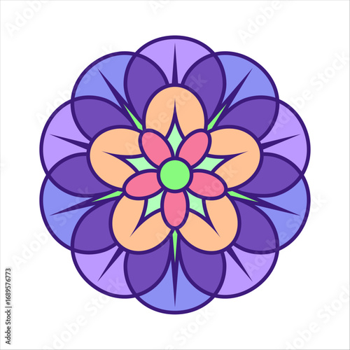 A stylized and symmetrical floral design featuring five petals within a circular shape. The geometric pattern is created with a combination of light and dark purple, lavender, and a soft peach color, 