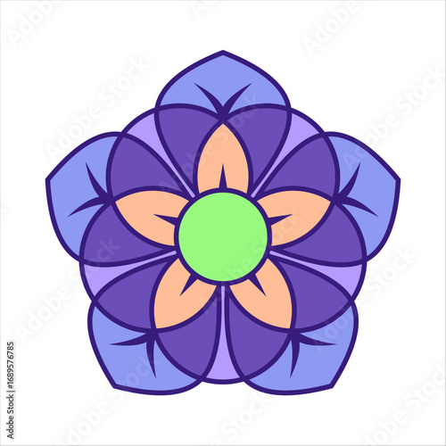 A stylized and symmetrical floral design featuring five petals. The geometric pattern is created with a combination of light and dark purple, lavender, and a soft peach color, with a bright green cent