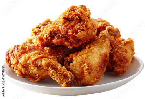 Crispy fried chicken pieces piled high on a white plate (1)