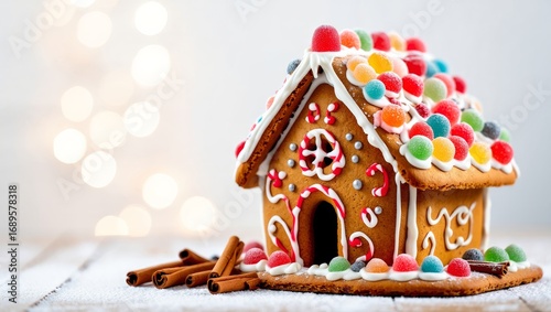 New Year gingerbread house with cinnamon on wood. Copy space