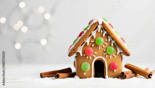 New Year gingerbread house with cinnamon on wood. Copy space
