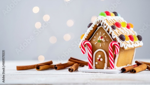 New Year gingerbread house with cinnamon on wood. Copy space