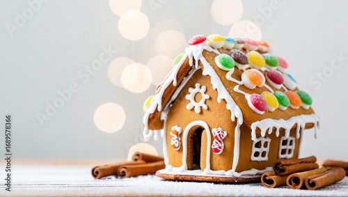 New Year gingerbread house with cinnamon on wood. Copy space