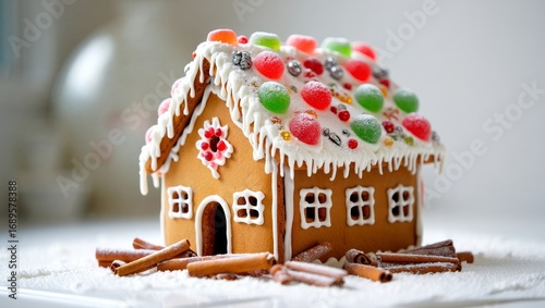 New Year gingerbread house with cinnamon on wood. Copy space