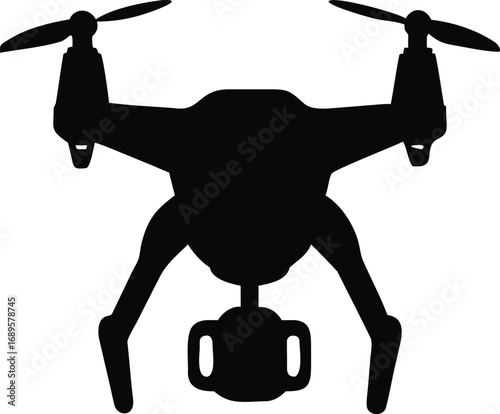 Modern quadcopter drone silhouette flying overhead with gimbal camera for aerial photography and videography silhouette