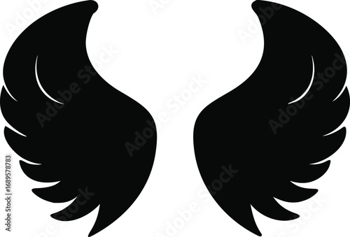 Minimalist stylized graphic of a pair of black angel wings on a white canvas silhouette