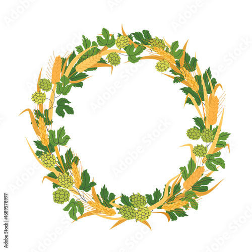 Seasonal botanical wreath with hops barley and wheat in flat style perfect for harvest festival designs packaging labels posters or seasonal invitations