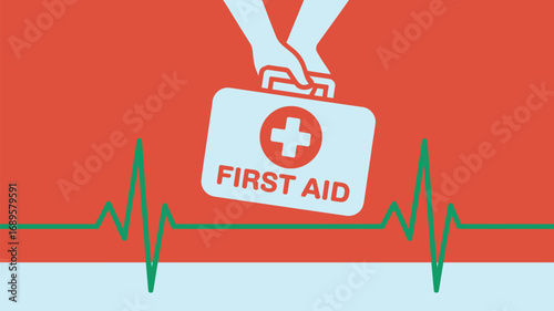 Illustration of hands holding a first aid kit with heartbeat line on a red and white background