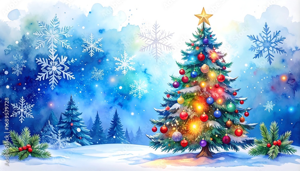 Obraz premium Watercolor Christmas tree scene