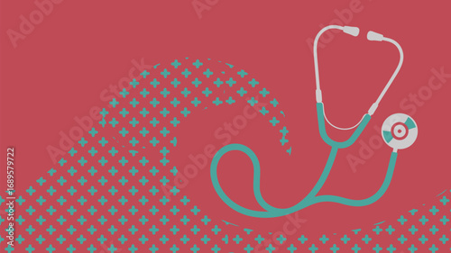 A teal stethoscope on a red background with a wave pattern of teal diamonds for medical theme design