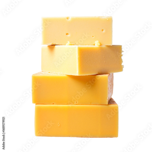 Stack of yellow cheese blocks on white background  