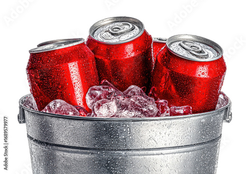 Red soda cans in a metal bucket filled with ice