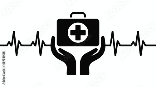 Black and white image of hands holding a medical kit with a heart rate line in the background design 100