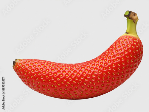Banane rouge comme une fraise, fruit hybride imaginaire sur fond uni