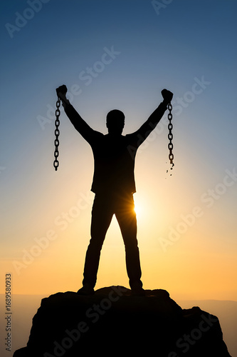 Victorious silhouette breaks chains atop mountain peak at sunrise, celebrating freedom and achievement.