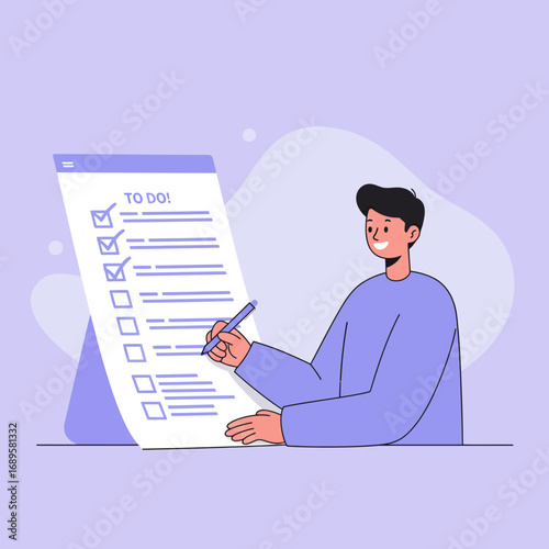Smiling man completes todo list on digital tablet, marking tasks with pen in modern workspace, showcasing productivity and achievement.