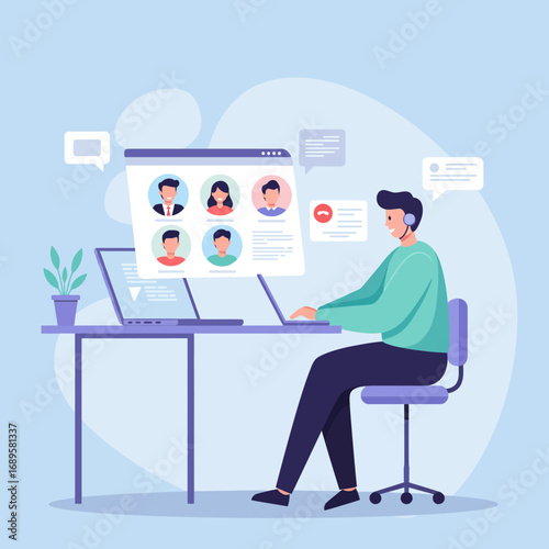 Man attends virtual meeting on laptop from his home office, participating in a video conference with colleagues, showcasing remote work and communication in a modern style.
