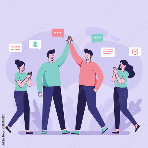 Team celebrates success with high five and applause in modern office, showcasing collaboration and achievement with a positive and energetic mood.