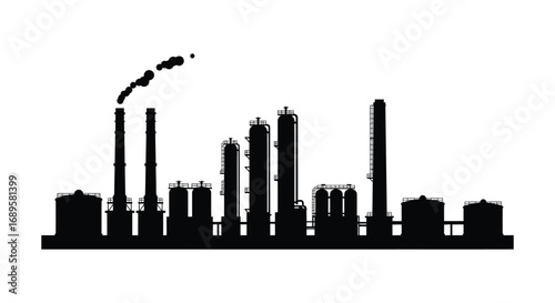 industrial factory silhouette with tall smokestacks emitting pollution