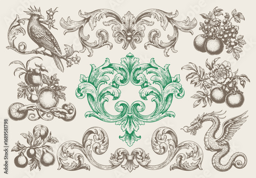 Floral decorative vector elements set, rococo and baroque style, vintage royal details. engraving illustration set