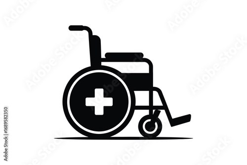 A black and white illustration of a wheelchair with a medical cross on the large wheel design icon