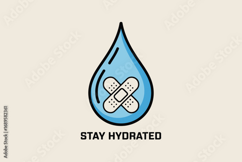 A blue water droplet with a bandage inside and the words stay hydrated below on a beige background