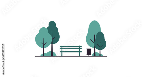 a serene park scene with trees bench and trash can