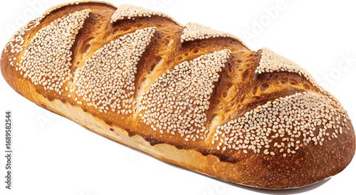 Golden crust sesame seed artisan bread loaf with diagonal scoring, fresh baked texture, bakery food photography for culinary and cooking themes.