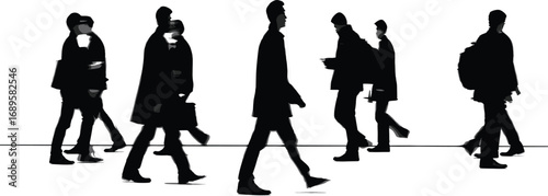 Business people walking silhouette grid, black vector illustration representing urban commute, professional attire, crowd movement, anonymity and city life