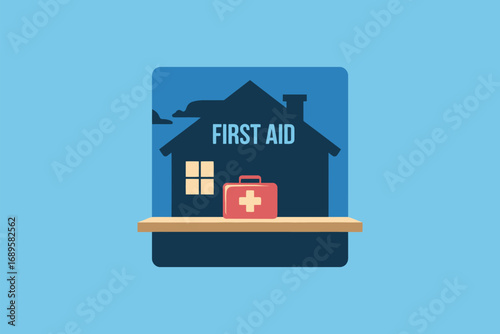 Illustration of a first aid kit in front of a house with the words first aid written on the house