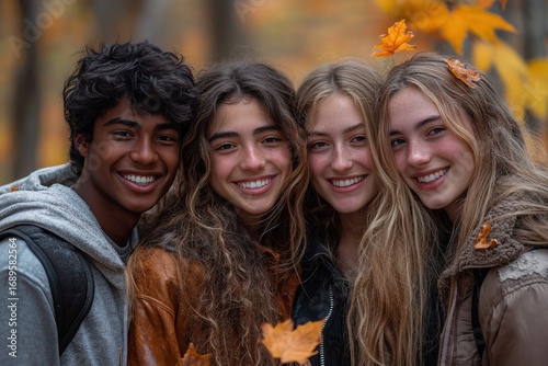 young girls happily smiling in fall leaves.