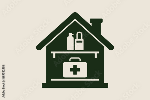 Illustration of a house with medical supplies on shelves and a first aid kit inside the house shape