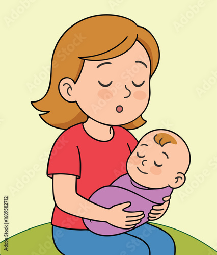 A mother singing a lullaby to her baby.