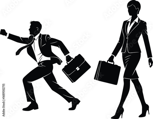 Business silhouette vector showing man running and woman walking with briefcases, symbolizing urgency, calm, career contrast, and professionalism