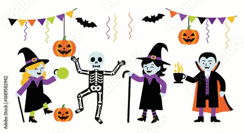 Cute Halloween vector assets set with cartoon characters, witches, skeleton, vampire, jack-o'-lanterns, bats, and banners