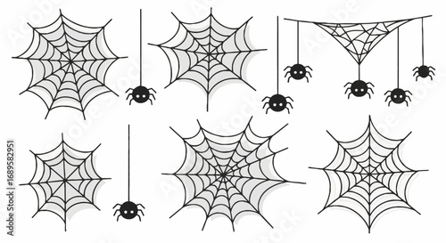 Halloween Spiderweb and Spiders Vector Set. Spooky, Creepy, Scary Design Elements for Party Decorations, Ornaments, and Assets.