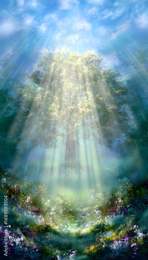 Obraz premium Peaceful Eden landscape with luminous tree symbolizing faith and promise