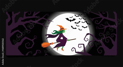Spooky Halloween Witch Flying on a Broomstick Across a Full Moon with Bats and Bare Trees. Dark Night Vector Illustration.