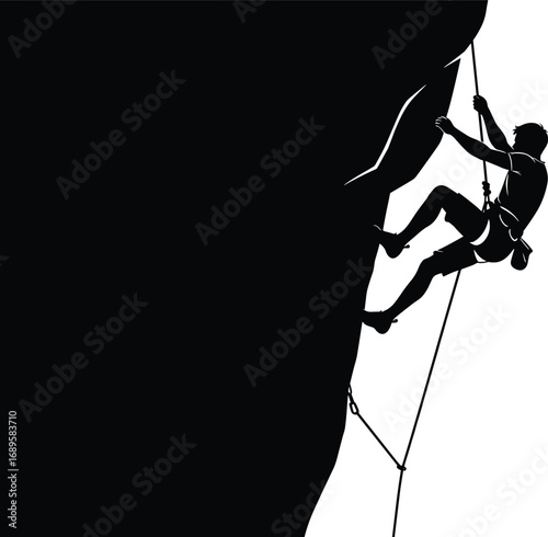 Black silhouette of rock climber ascending steep cliff with safety gear, dynamic outdoor vector for adventure, sport, and challenge themes.
