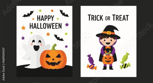 Cute Halloween greeting cards vector set with ghost, jack-o-lantern pumpkin, and witch kid for trick or treat celebration