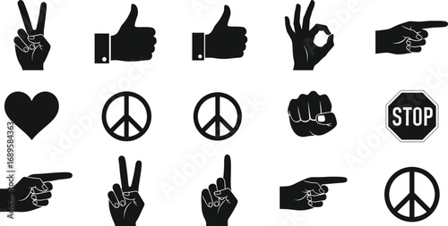 Black silhouette icons of hand gestures and symbols including peace sign, thumbs up, OK, pointing, heart, fist, and stop sign