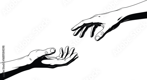 Black and white illustration of two hands reaching toward each other, symbolizing connection, support, care, trust, and human interaction