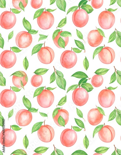 Watercolor peaches and leaves pattern