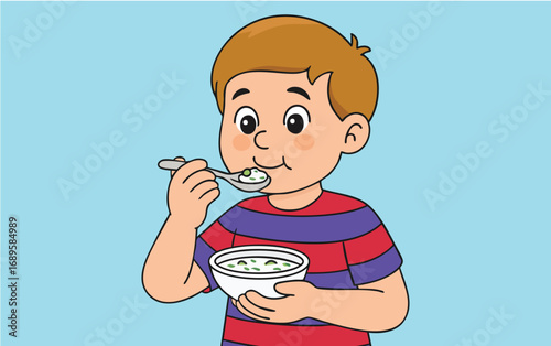 Little boy eating a bowl of yogurt with a spoon.