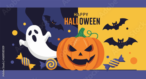 Happy Halloween festive banner illustration with spooky ghost, carved pumpkin, flying bats, and candies on a colorful background. Holiday concept.
