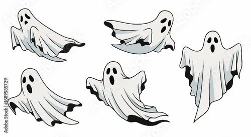Halloween ghost assets, spooky cartoon character set in various flying poses. Playful sheet ghosts for seasonal designs and decorations.